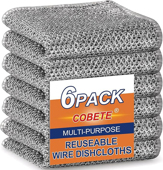COBETE Non Scratch Wire Dishcloth,Double-Layer Wire Dishwashing Rags for Wet and Dry,Wire Miracle Cleaning Towels and Dish Cloths Multipurpose for Washing Dishes,Cookware, Sinks,Stove Tops,Pack of 6