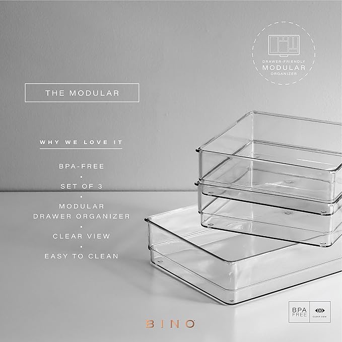 BINO | 3-Piece Drawer Organizer Bin Set | THE MODULAR | Multi-Purpose Storage | Durable | BPA-Free | Desk Drawer Organizer | Vanity Organizers | Bathroom & Makeup Organizers