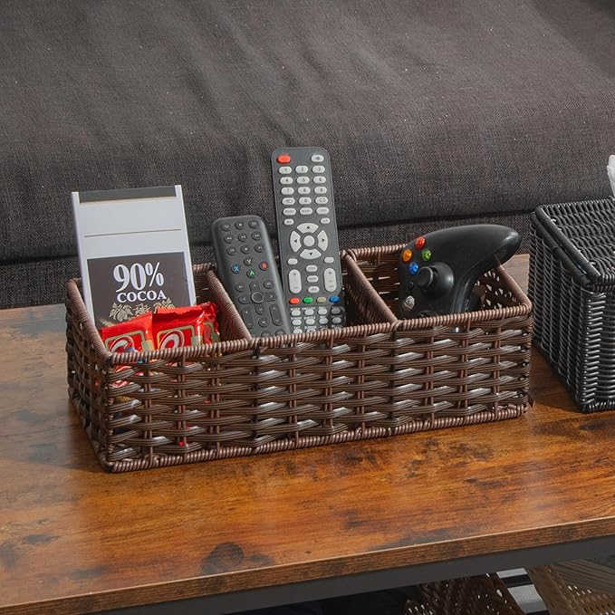 myHomeBody Wicker Basket With 3 Compartments, For Toilet Tank Paper Rolls, Hand Woven Bathroom Countertop Organizer, Bedroom Organization, 1pc, Dark Walnut