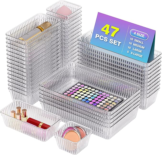 47 PCS Clear Plastic Drawer Organizer Set - 4 Sizes Makeup Organizer Desk Drawer Divider Bathroom Organizers and Storage Bins for Makeup, Jewelry, Gadgets, Office, Kitchen, Bedroom, Bathroom